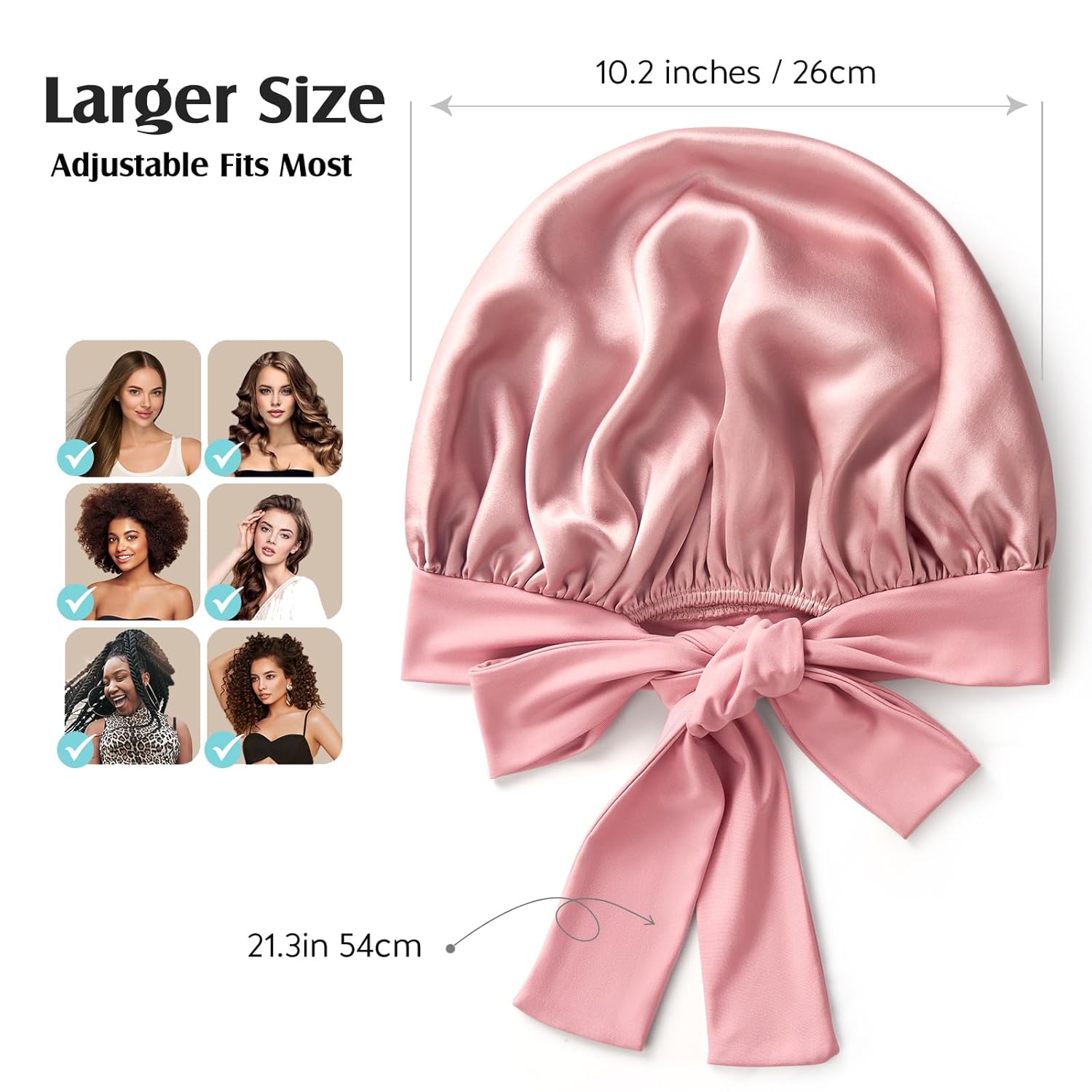 Detalle de YFONG 100% 22 Momme Mulberry Silk Bonnet (Double Layer) — Non-Slip Sleep Cap Turban with Elastic Tie, Pink