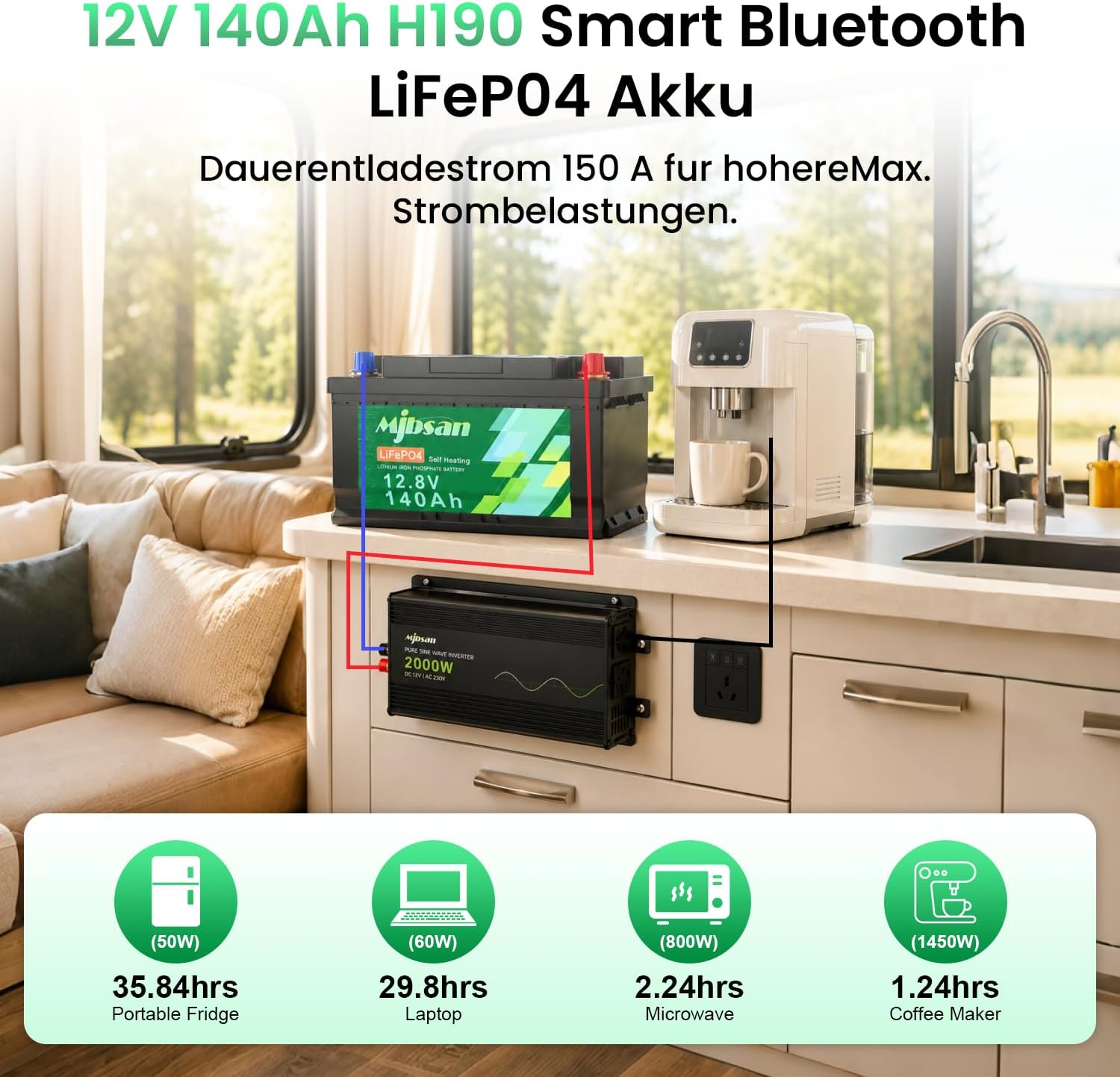 Thumbnail 6 de Mjbsan 12 V 140 Ah självvärmande LiFePO4-batteri med Bluetooth och 150 A BMS