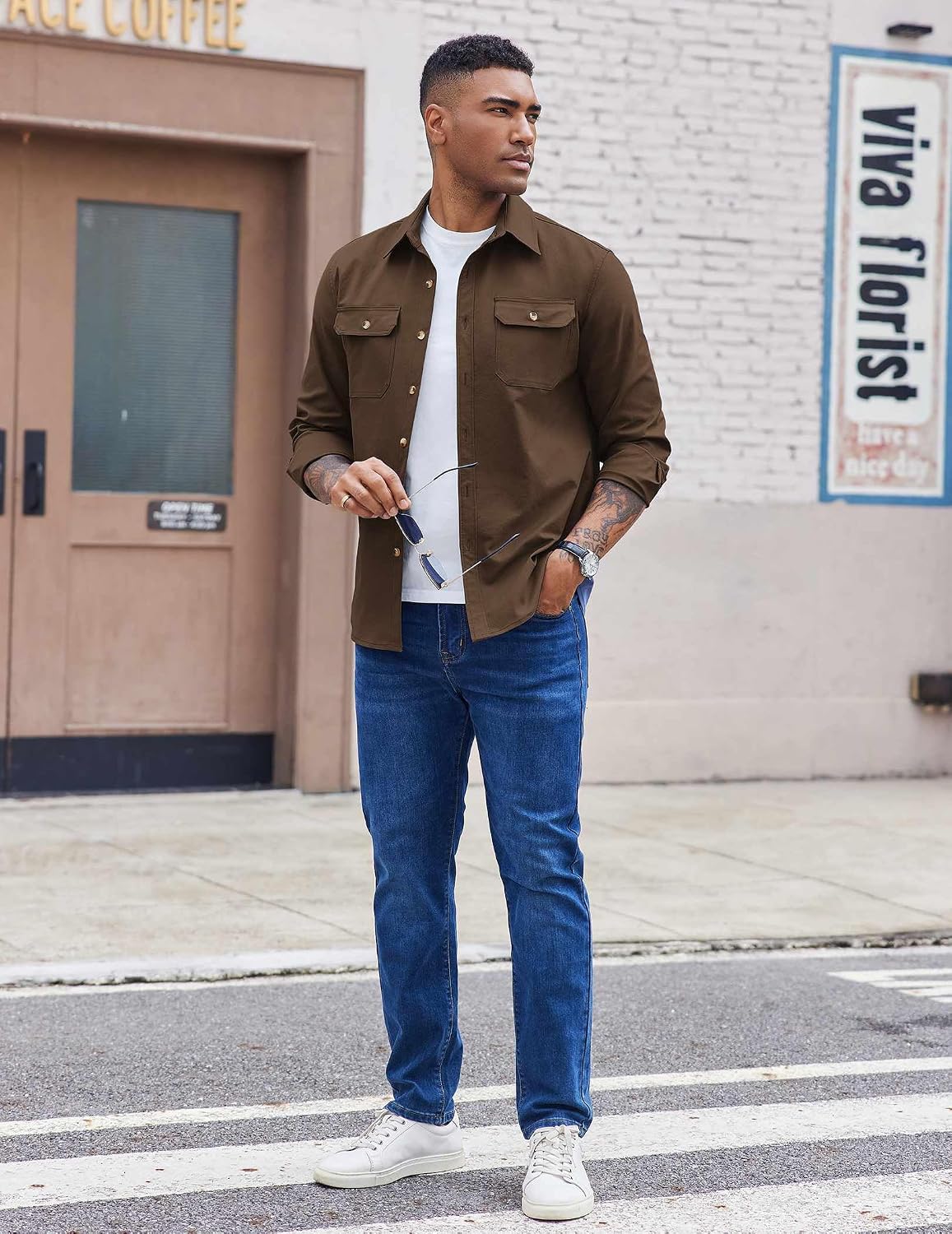 Detalle de COOFANDY Men's Long Sleeve Shirt Jacket with Button-Flap Pockets