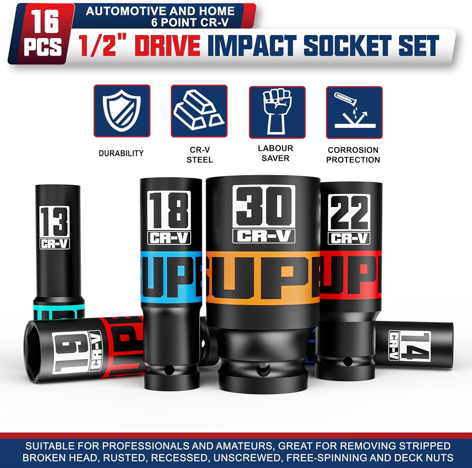 Thumbnail 3 de KIRXST 16-Piece 1/2" Drive Metric Impact Socket Set (10–32 mm) — Thick Extra-Deep, 6-Point Cr-V