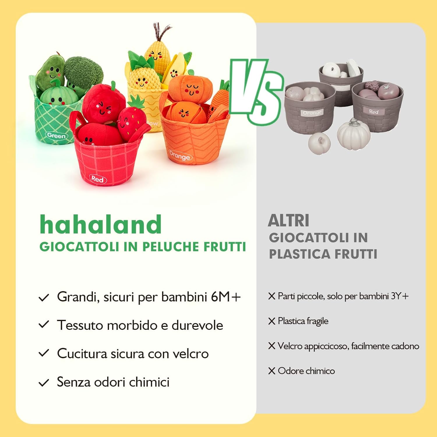 Thumbnail 6 de hahaland Giochi Montessori 6 mesi: 16 pezzi frutta e verdura in peluche con sonaglio e cestino