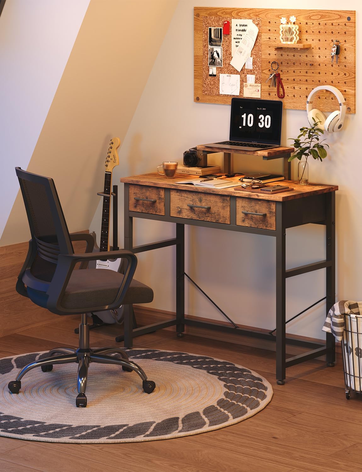 Thumbnail 1 de KitMent Small Desk with 3 Fabric Drawers, 76x36cm – Compact Study/Vanity Desk with Adjustable Monitor Stand