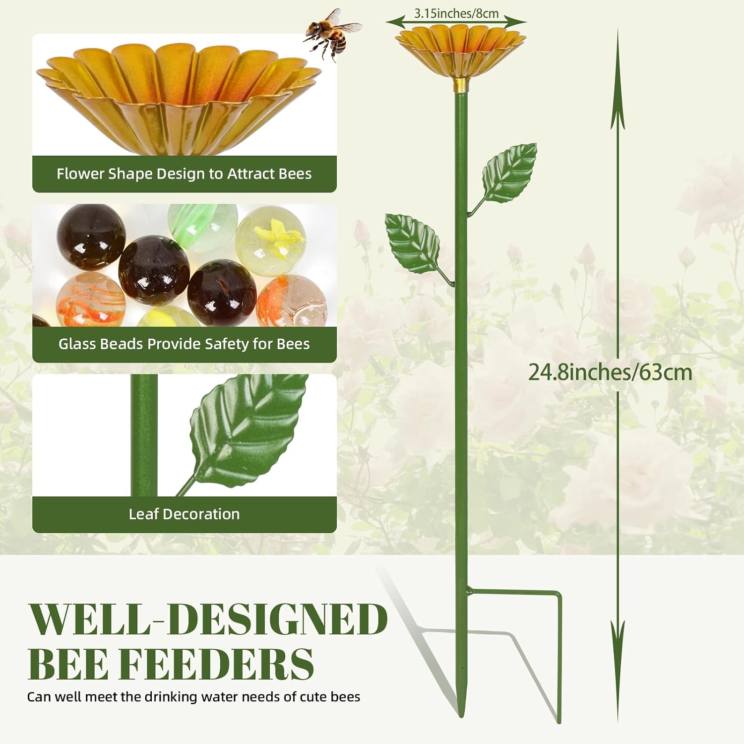 Detalle 2 de Bienengießstation, 4 Stück – Metall-Bienenbecher mit Glasperlen für durstige Bestäuber