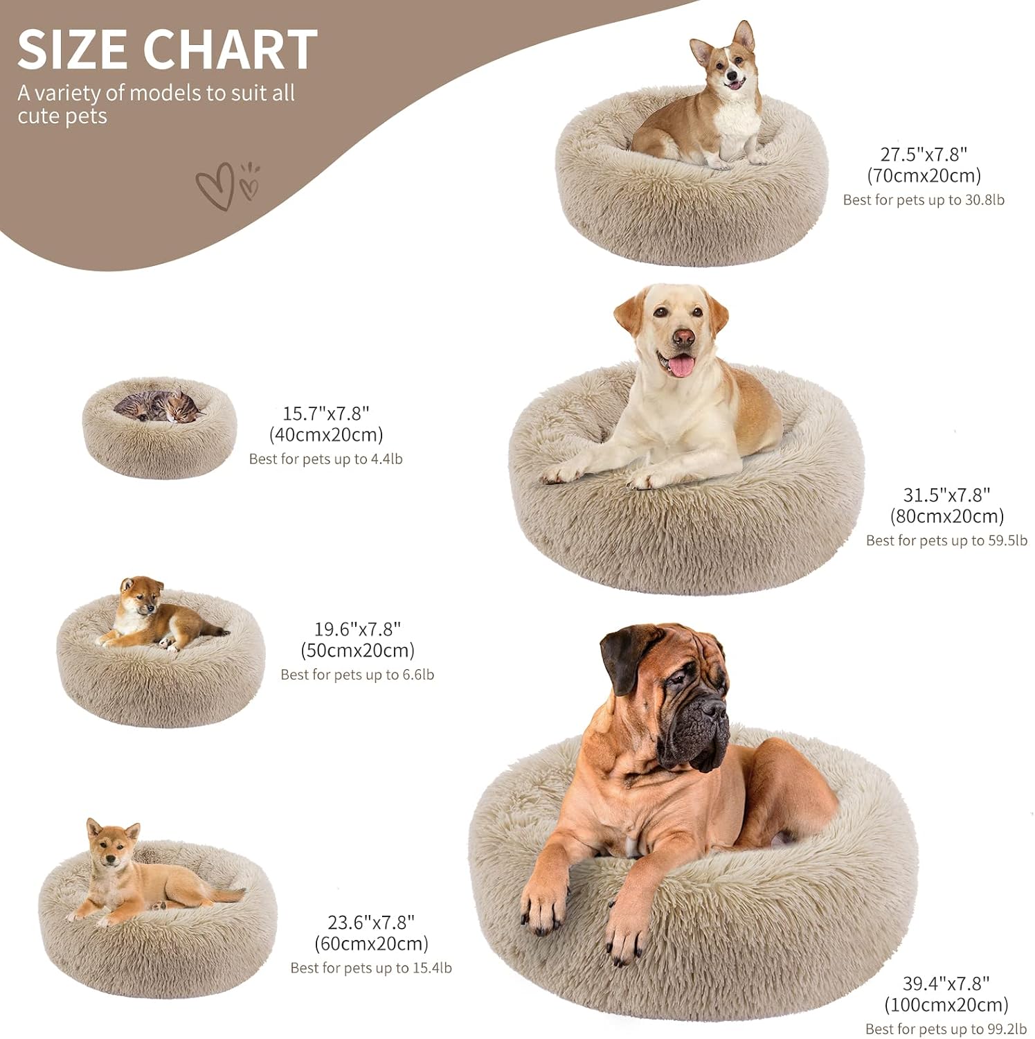 Detalle 2 de BVAGSS Rundes Donut-Hundebett und Katzenbett Ø60 cm in Hellbraun