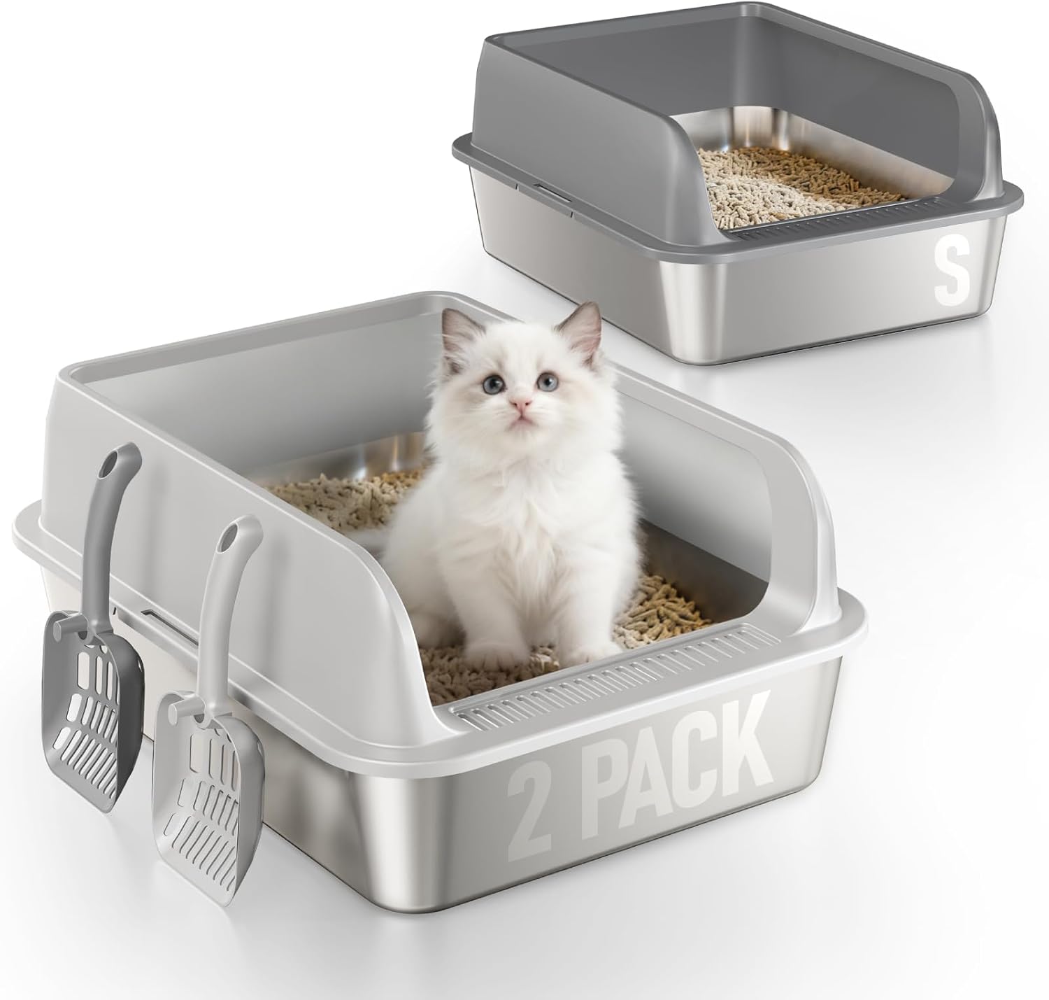 Thumbnail 6 de Fusblom 2 Pack Stainless Steel Cat Litter Tray with Scoops – Large/Multi-Cat, 60×40×21cm, Dark Grey & Light Grey