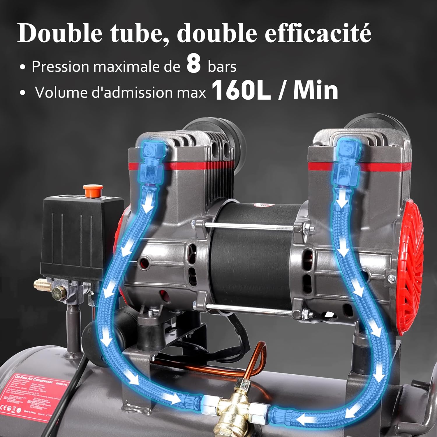 Thumbnail 3 de HYCHIKA compresseur à air silencieux 8 bar et cuve 24 L (sans huile) 1100 W max