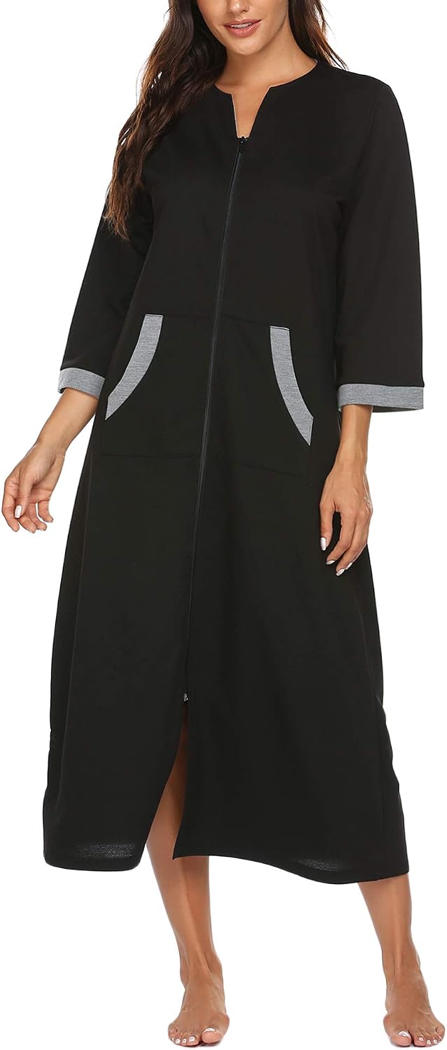 Detalle de Ekouaer Women's Full-Length Zip-Front Robe with 3/4 Sleeves and Pockets