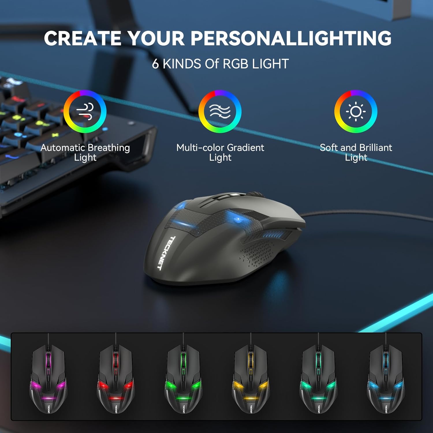Thumbnail 3 de TECKNET Wired Gaming Mouse with 8000 DPI Optical Sensor, 6 Programmable Buttons & Chroma RGB (Black)