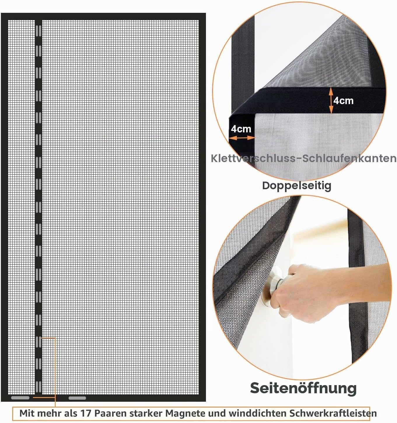 Detalle de Risareyi Magnetisches Fliegengitter-Türset 115x215 cm mit seitlicher Öffnung – Klettband, ohne Bohren