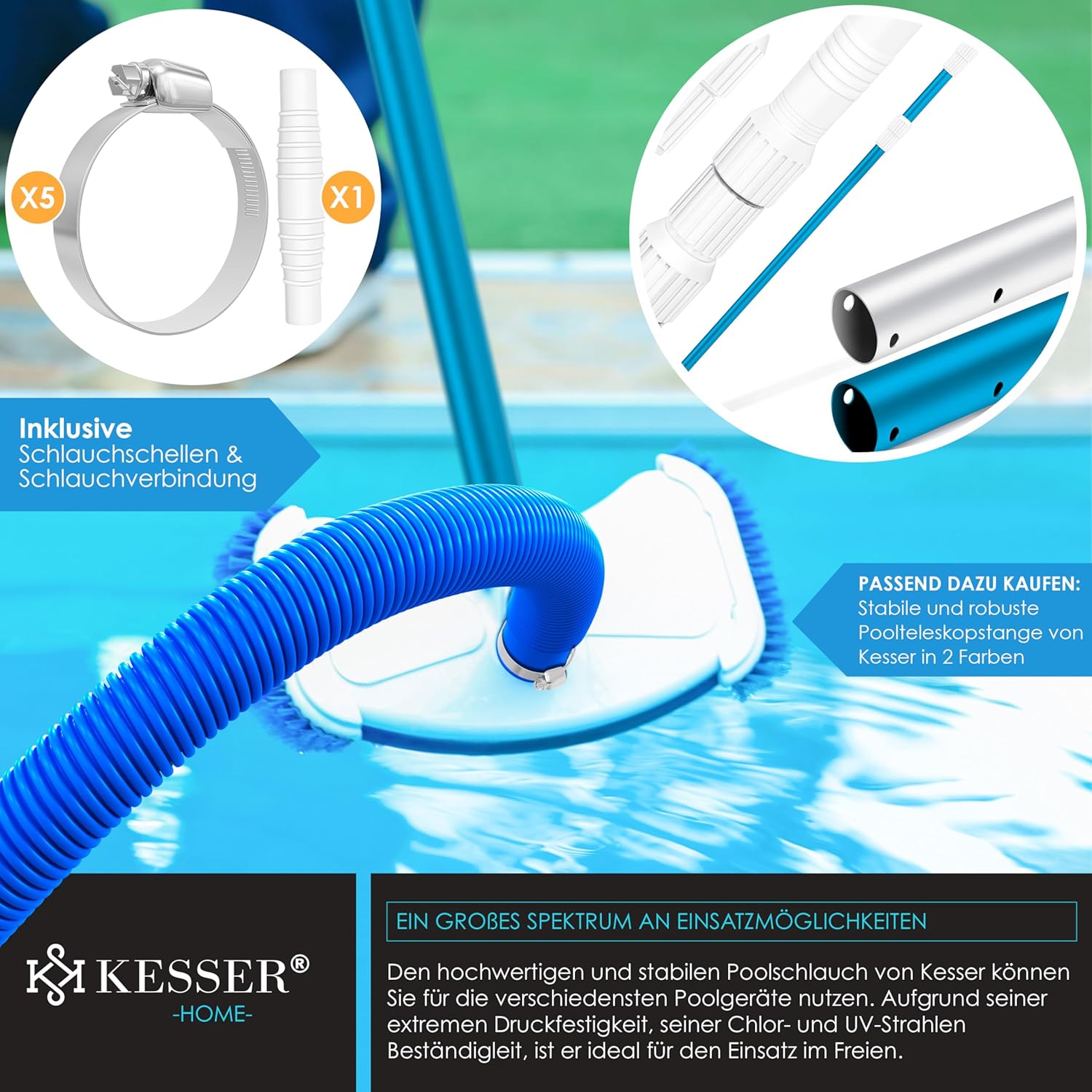 Thumbnail 2 de KESSER Poolschlauch 8 m | Ø 38 mm – flexibler Schwimmbadschlauch mit Muffen, inkl. Schellen