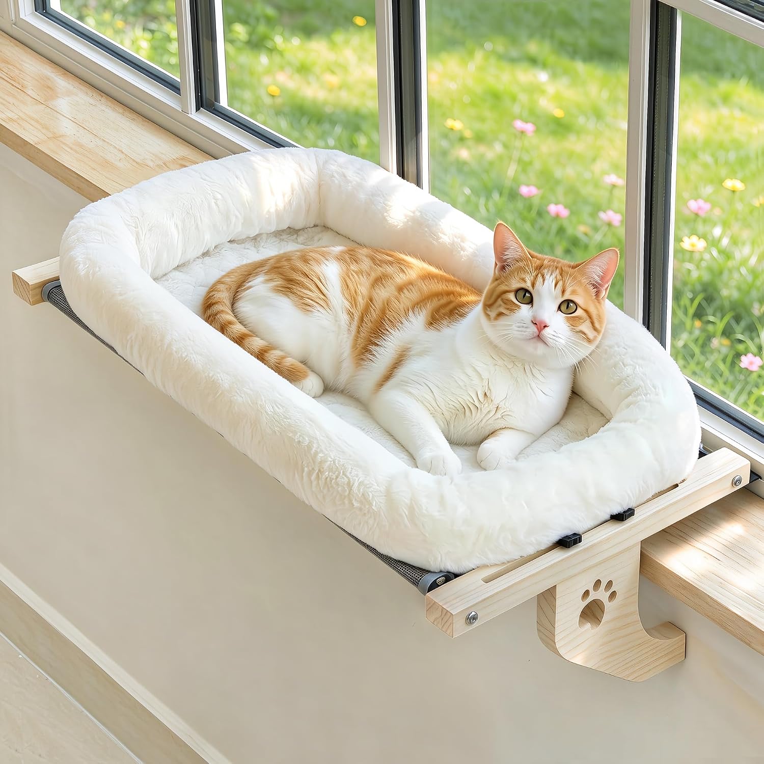 Detalle de AMOSIJOY WSP-70-BED-CA Cat Window Perch, 27.5-Inch Wood Frame, 40 lb Capacity