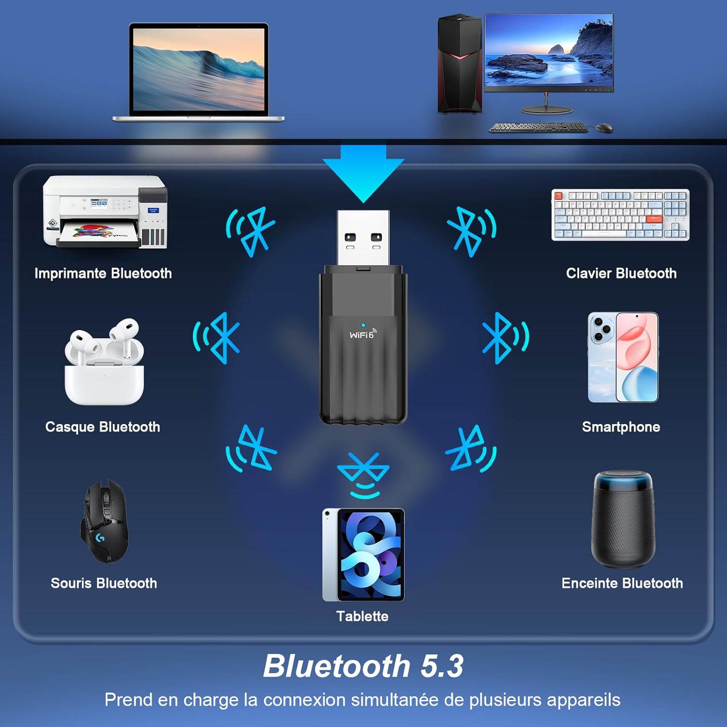 Thumbnail 2 de WONLINK Bluetooth 5.3 + clé WiFi 6 AX900 (USB) pour PC Windows 10/11