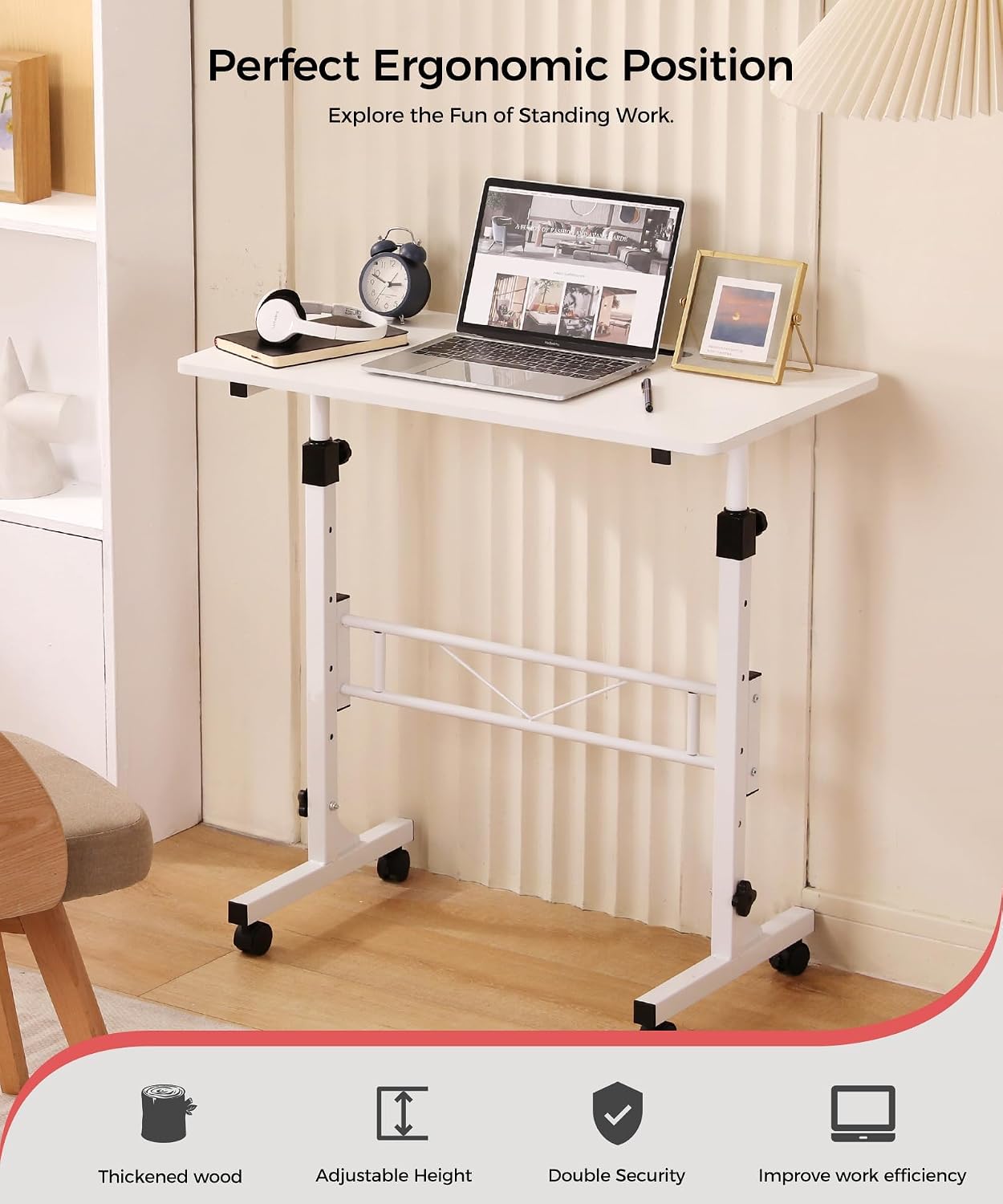 Detalle de KLSMYHOKI FX1 Mobile Standing Desk, Adjustable Height, Locking Casters, Soft White