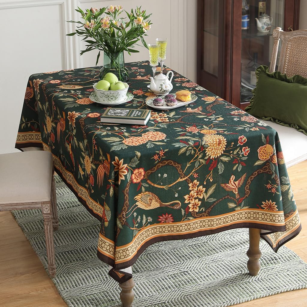 Thumbnail 2 de ISAENNE Designer Linen Green Square Tablecloth 67x67 — Mitchell Floral & Bird Pattern, Heavyweight Linen-Poly Blend
