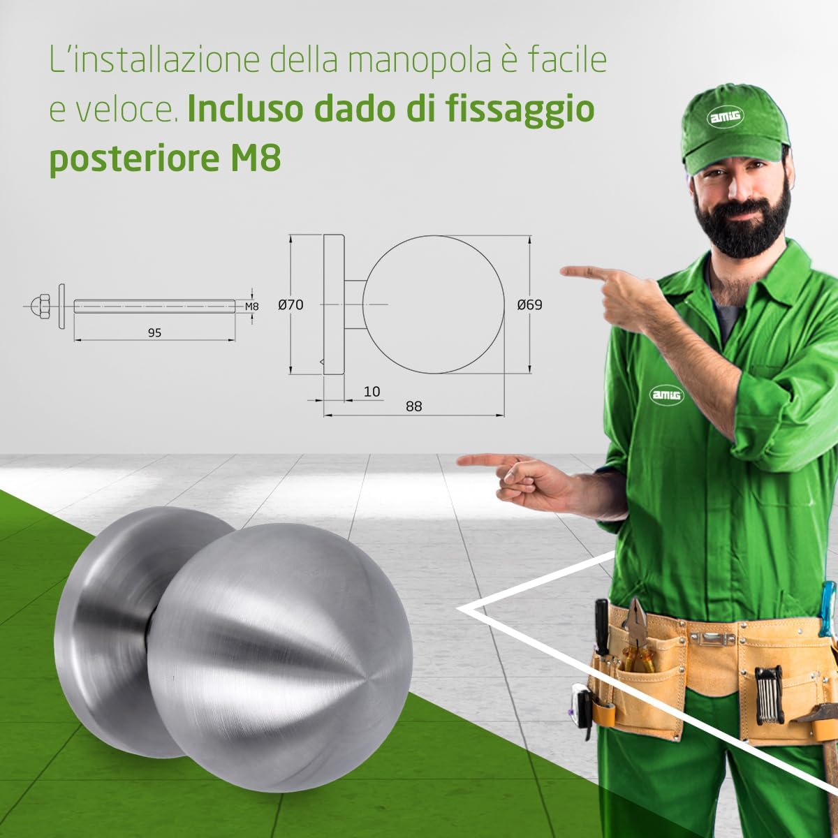 Detalle de Amig Pomello per porta in acciaio inox Ø70 mm – finitura argento, resistente a abrasione, ruggine e corrosione