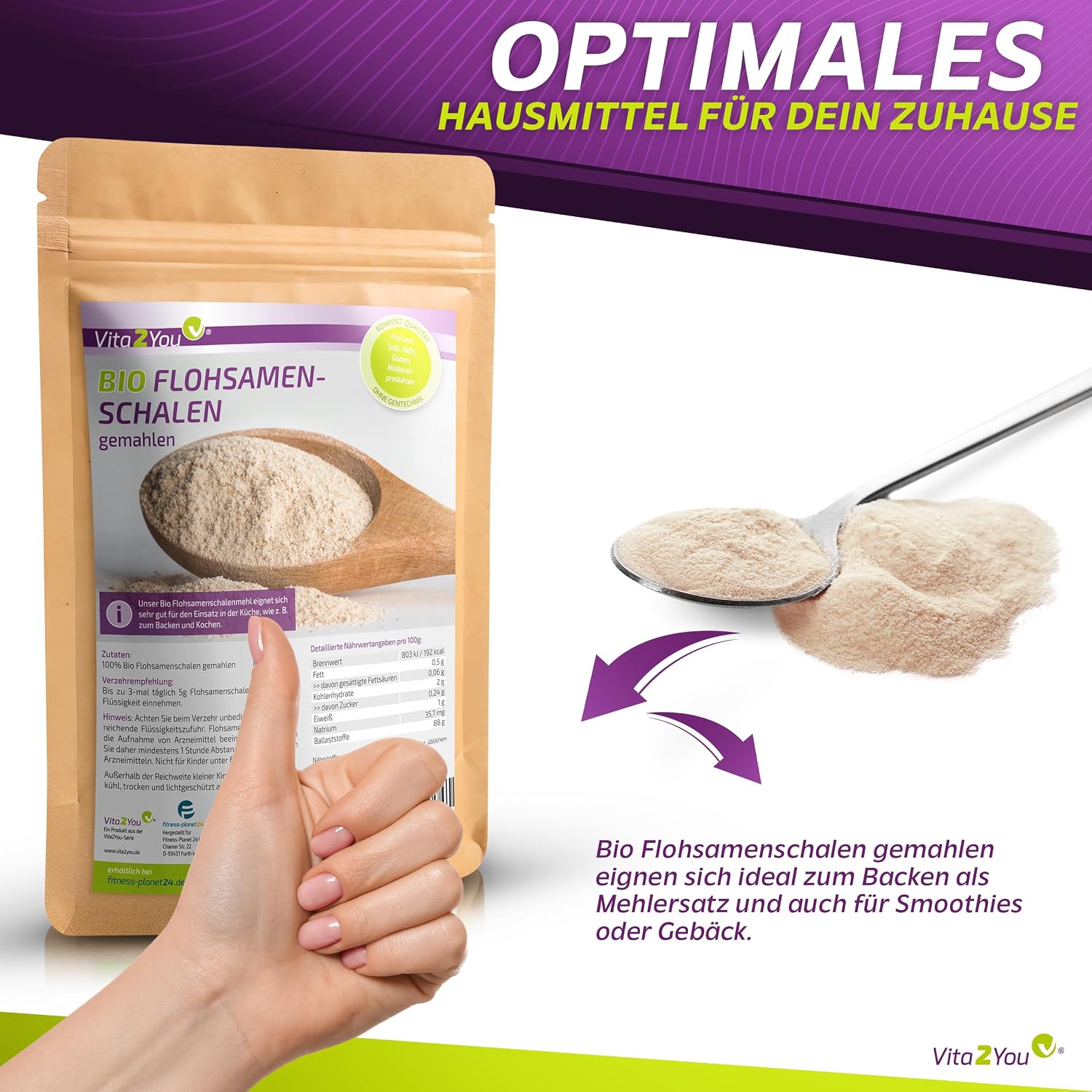 Detalle de Vita2You Bio Flohsamenschalen gemahlen (99% Reinheit) – 1 kg, ideal zum Backen