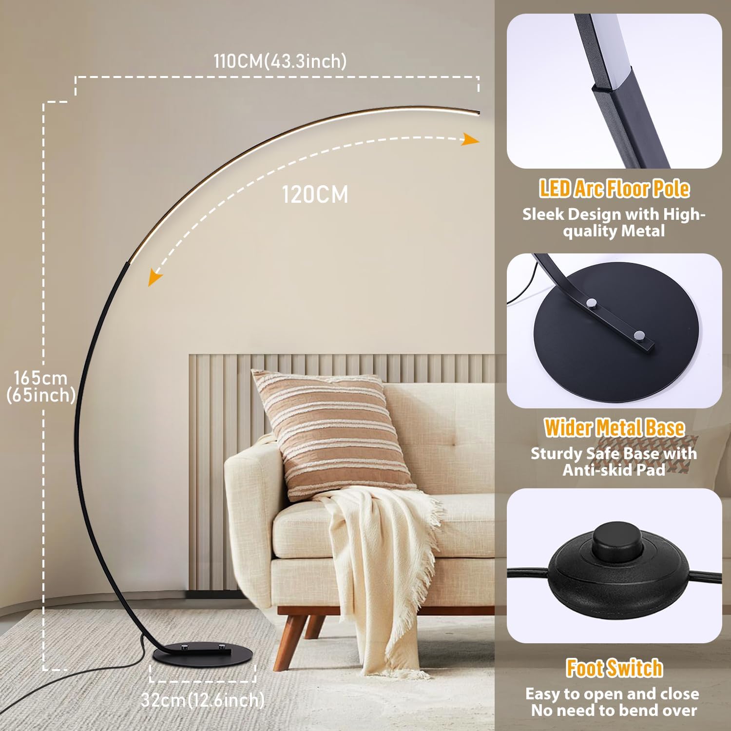 Detalle de Linkenail LED Stehlampe mit Bogen für Wohnzimmer, dimmbar (25 W, 3 Farbtemperaturen) inkl. Fernbedienung