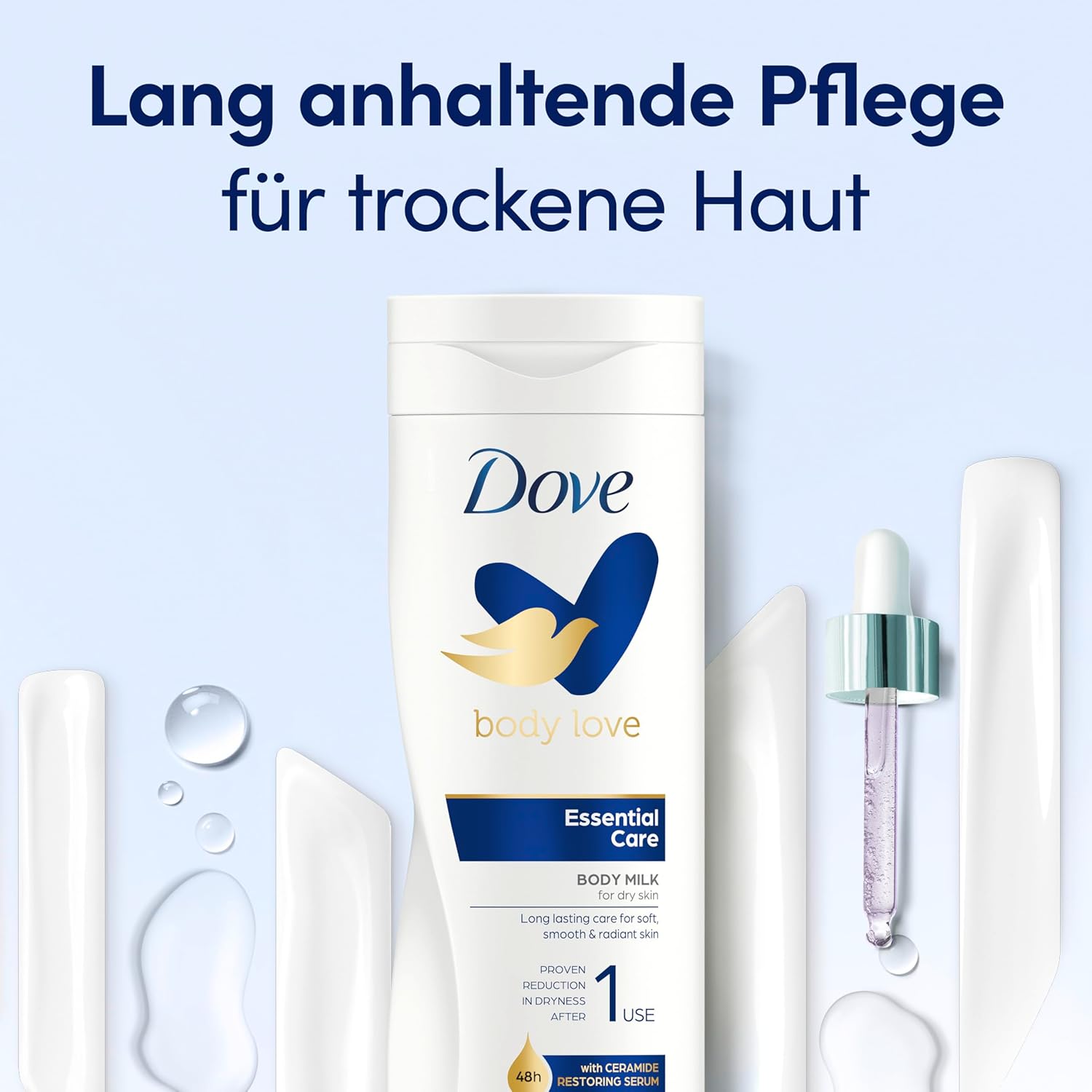 Detalle de Dove Body Love Feuchtigkeitsspendende Körpermilch Essential Care – Für trockene Haut, 3x400 ml
