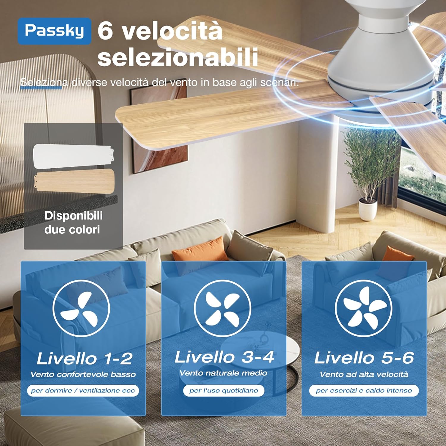 Detalle de Passky Ventilatore da soffitto 107 cm con luce LED, motore DC silenzioso e telecomando