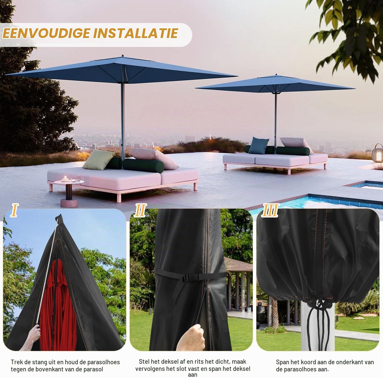 Detalle de HEIMUNI QK-101 parasolhoes 280 cm, 420D Oxford en waterdicht