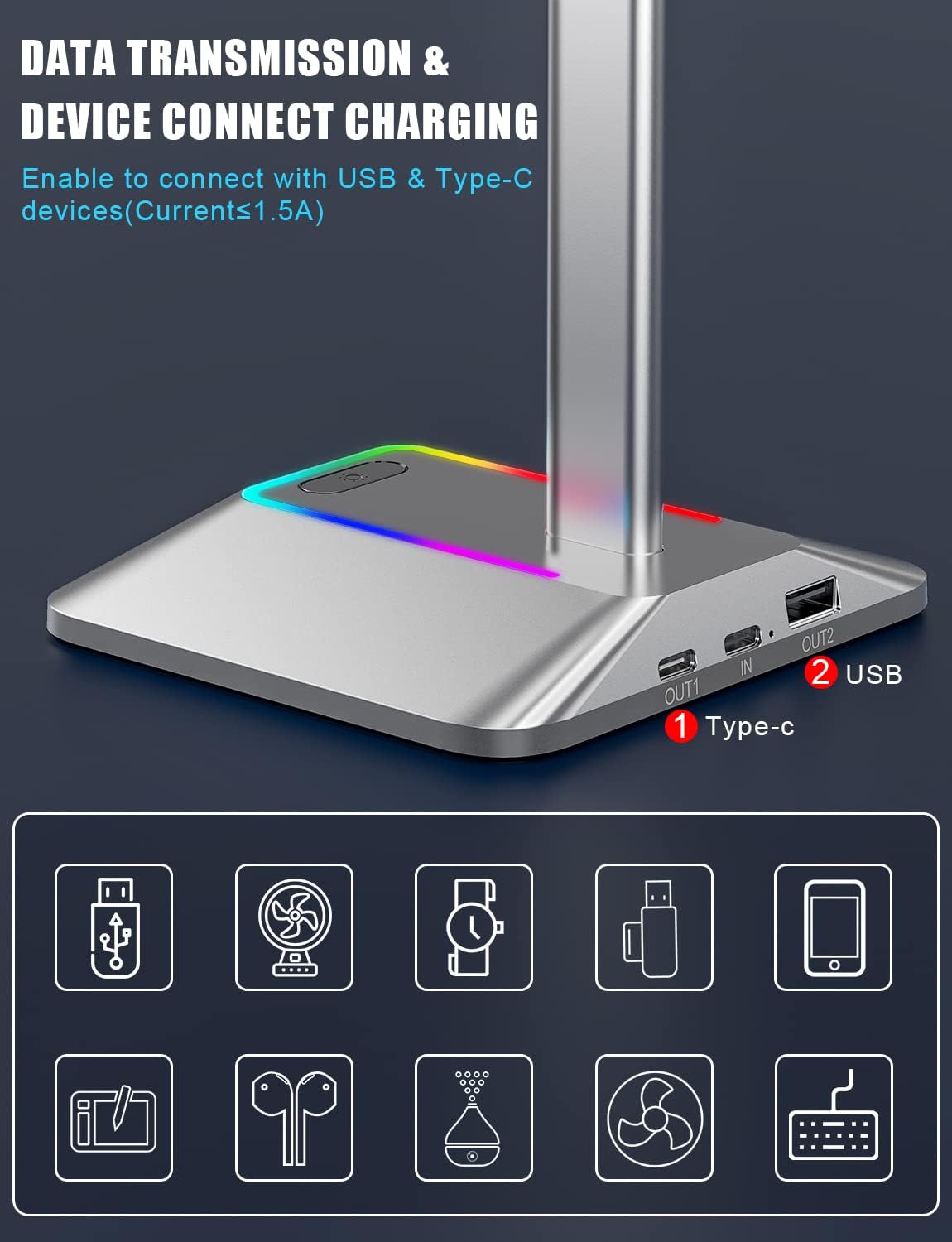 Detalle de New Bee Kopfhörer Ständer RGB mit USB‑C Ladefunktion