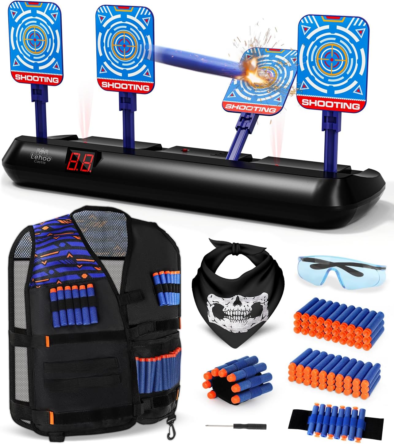 Detalle de Lehoo Castle Zielscheibe für Nerf Pistole – Elektrische Zielscheibe mit Weste, 60 Darts, ab 3 Jahren