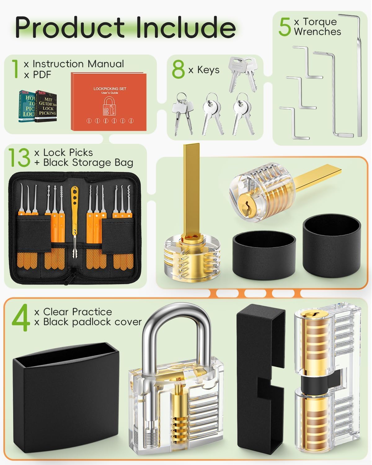 Thumbnail 1 de Eventronic Lock Picking Kit (36-piece) with 4 Transparent Training Locks & Zip Case – Orange