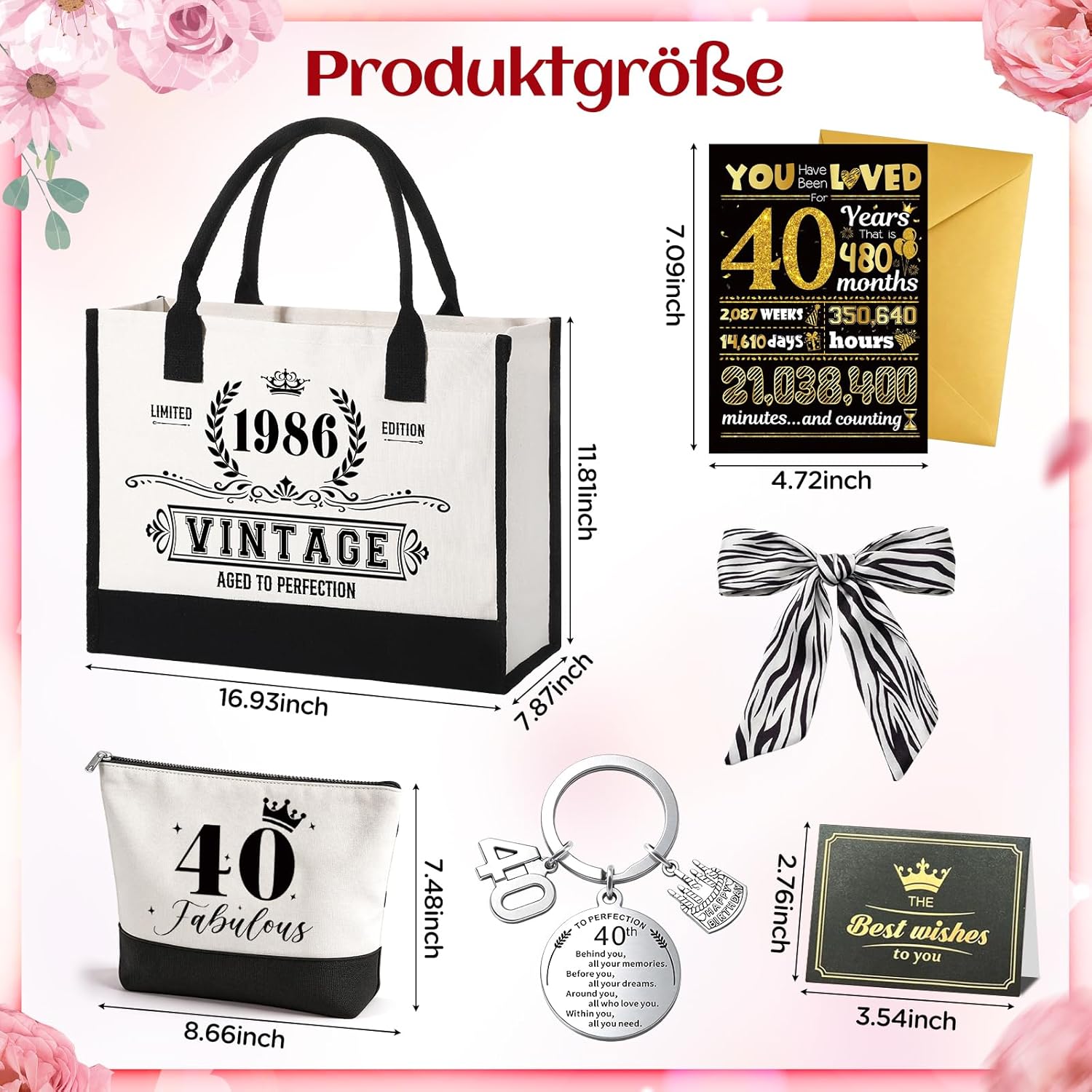 Detalle 2 de ePicsoa 40. Geburtstag Geschenk Mädchen – Vintage 1986 Canvas Einkaufstasche + Kosmetiktasche Set