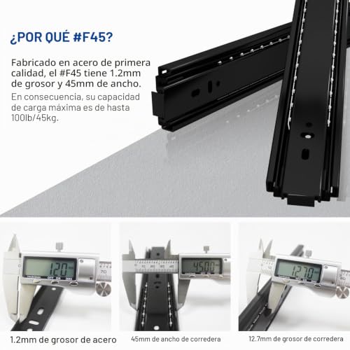 Detalle de VADANIA 450mm Push-to-open: Guías para Cajones #F45, extensión completa y carga de 45 kg