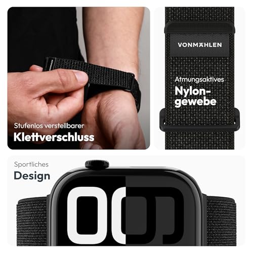 Detalle de VONMÄHLEN Fitness Loop 2 – Sportarmband aus robustem Nylongewebe für Apple Watch, Größe 44–49 mm, Schwarz