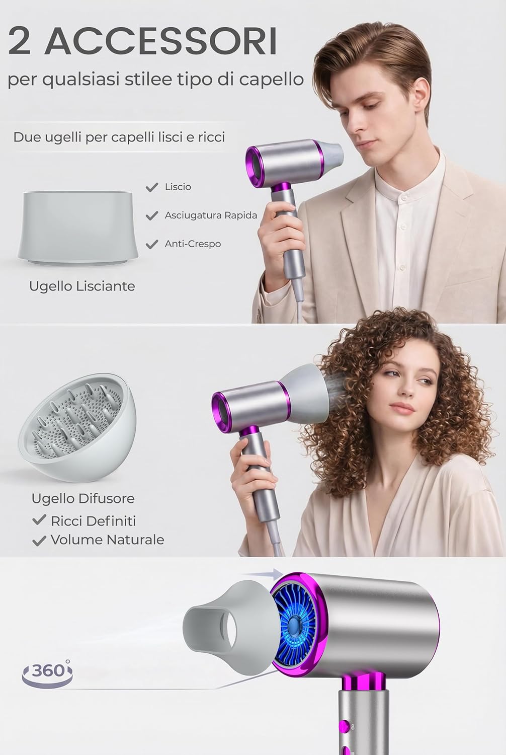 Thumbnail 6 de DMTIVMG Phon Capelli Professionale 2400W AC con 3 temperature e 2 velocità, diffusore e concentratore