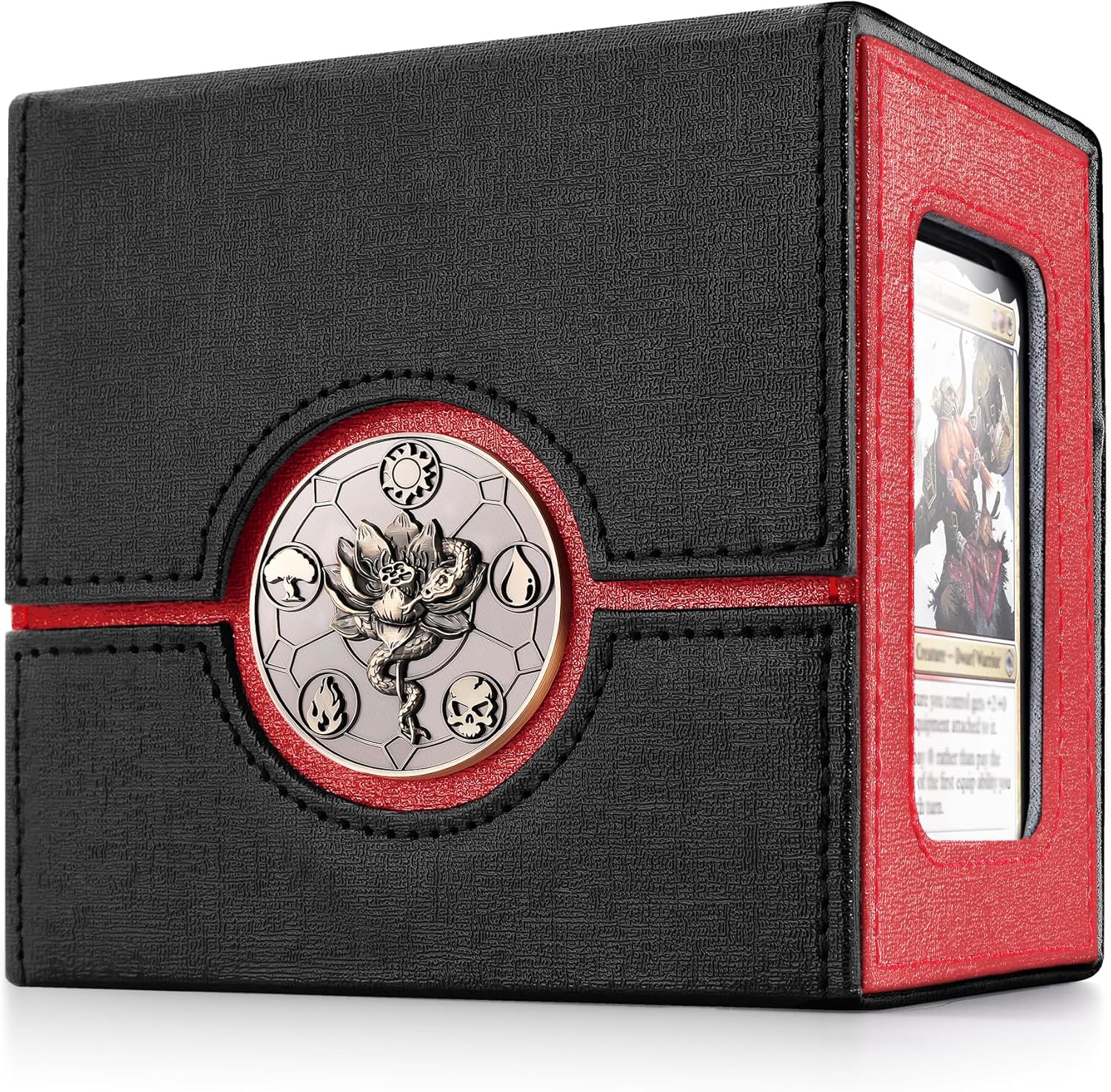 Detalle de Kabinka Commander Deck Box for MTG with Dice Tray – 100+ Cards, Metal Emblem, and Hidden 35pt Magnetic Card Holder