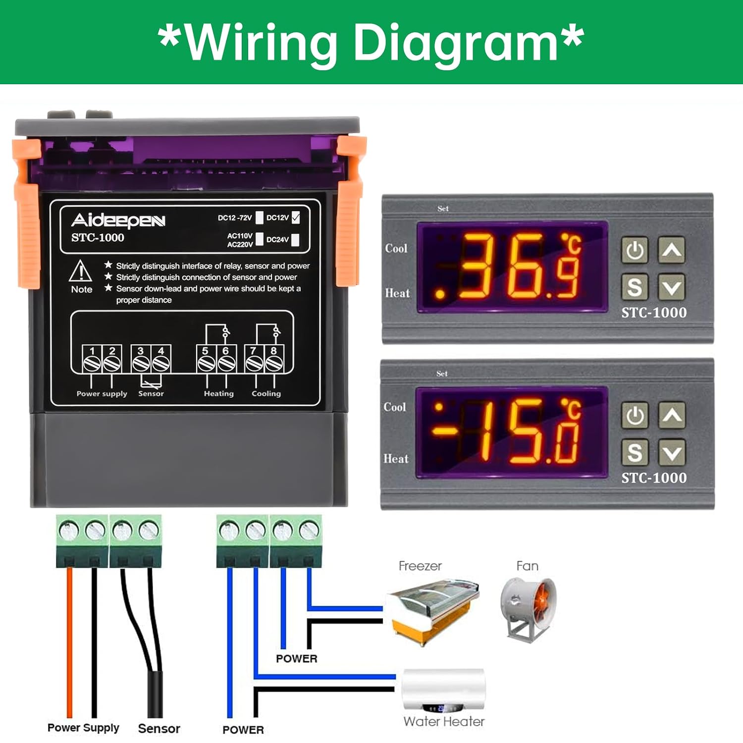 Detalle de Aideepen STC-1000 temperatuurregelaar, DC 12 V, 10 A, met NTC-sensor