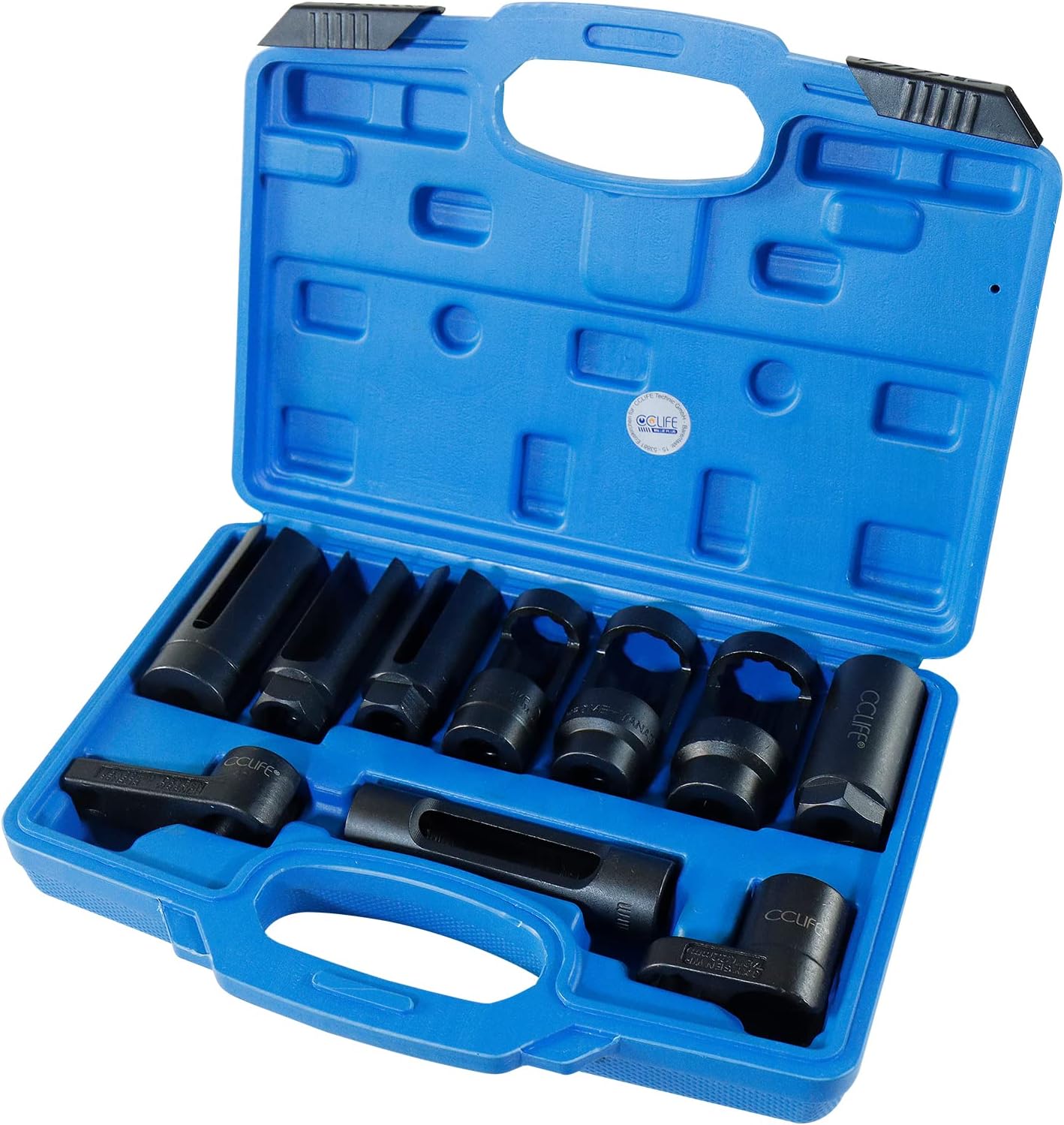 Detalle 2 de CCLIFE 10tlg Lambdasonden Schlüssel-Set – 12-/3/8-Zoll Steckschlüssel, Chrom-Vanadium, schwarz brüniert