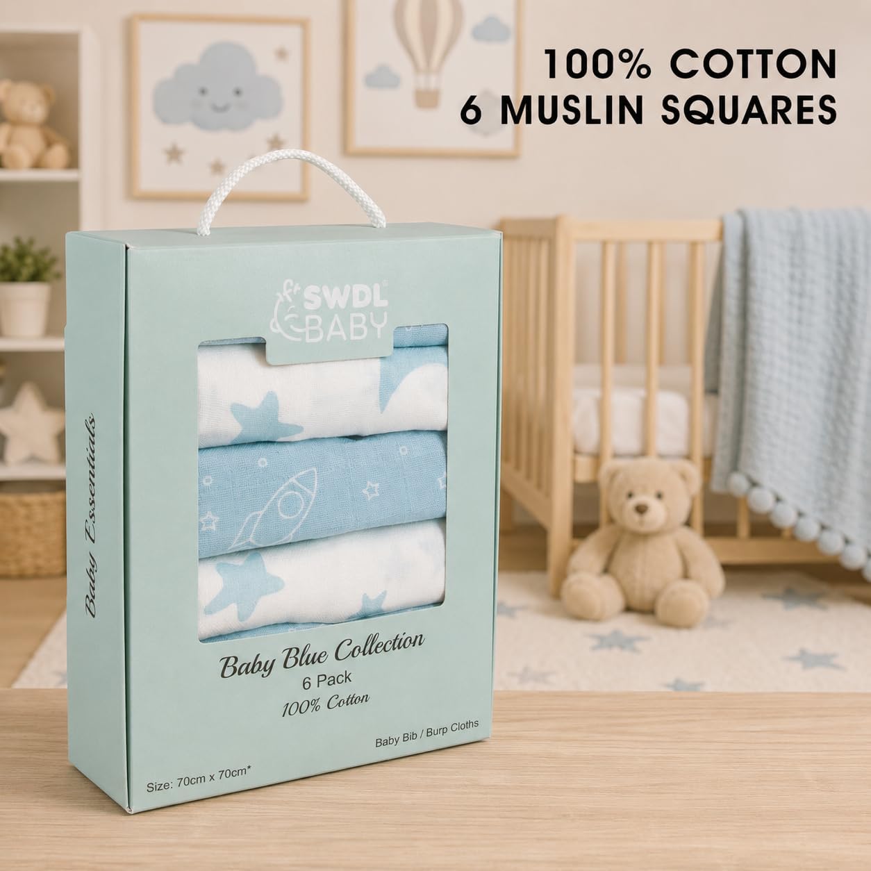 Thumbnail 4 de Large Baby Muslin Cloths (Pack of 6) 100% Cotton Muslin Squares – Soft, Absorbent & Breathable | Baby Blue Collection