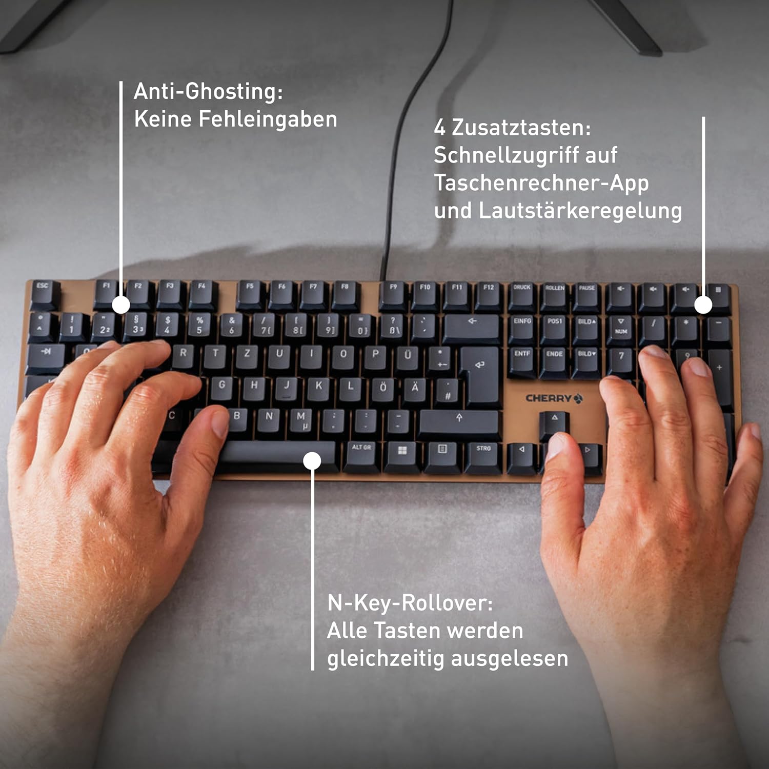 Thumbnail 4 de CHERRY KC 200 MX (QWERTZ) mechanische Office-Tastatur mit MX2A Brown, Kabel & eloxierter Metallplatte – schwarz/bronze