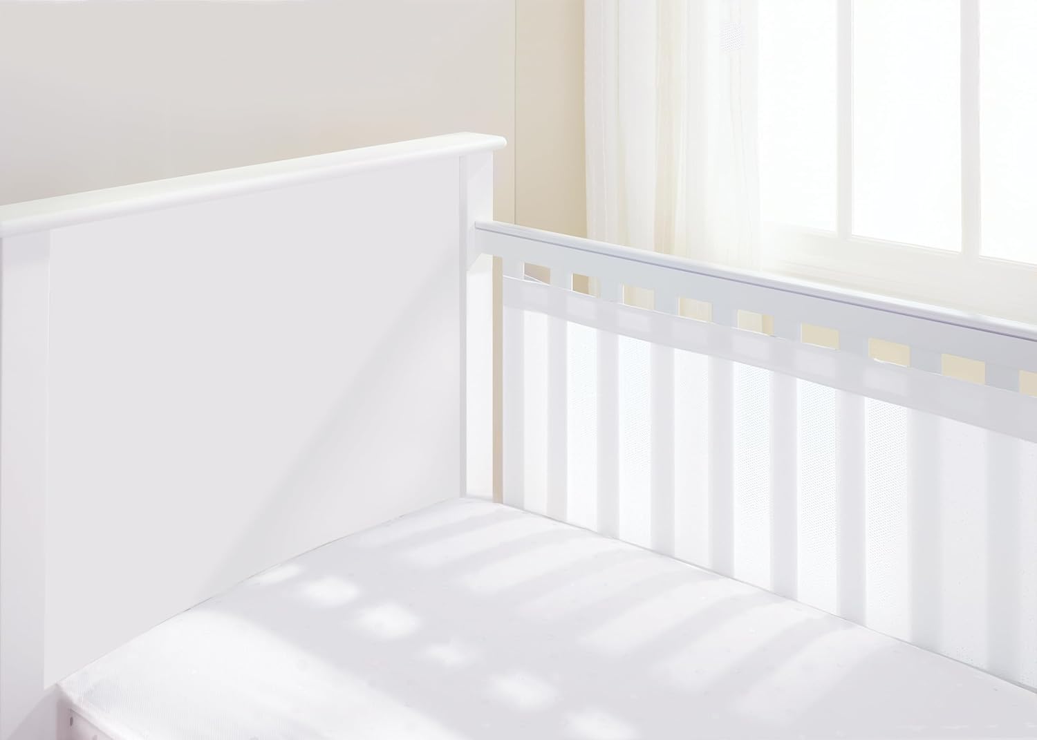 Detalle de AirflowBaby Essential 2mm Breathable Mesh Liner for Cots (120x60cm or 140x70cm Mattress) – White, 35cm Tall, 2-Sided Bumper Alternative