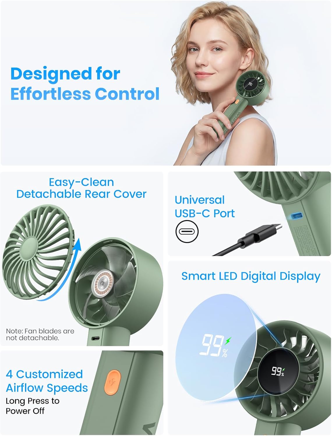 Detalle 2 de Warmco Portable Handheld Turbo Fan 5000mAh – 4-Speed, Base & Lanyard, LED Display, USB Rechargeable