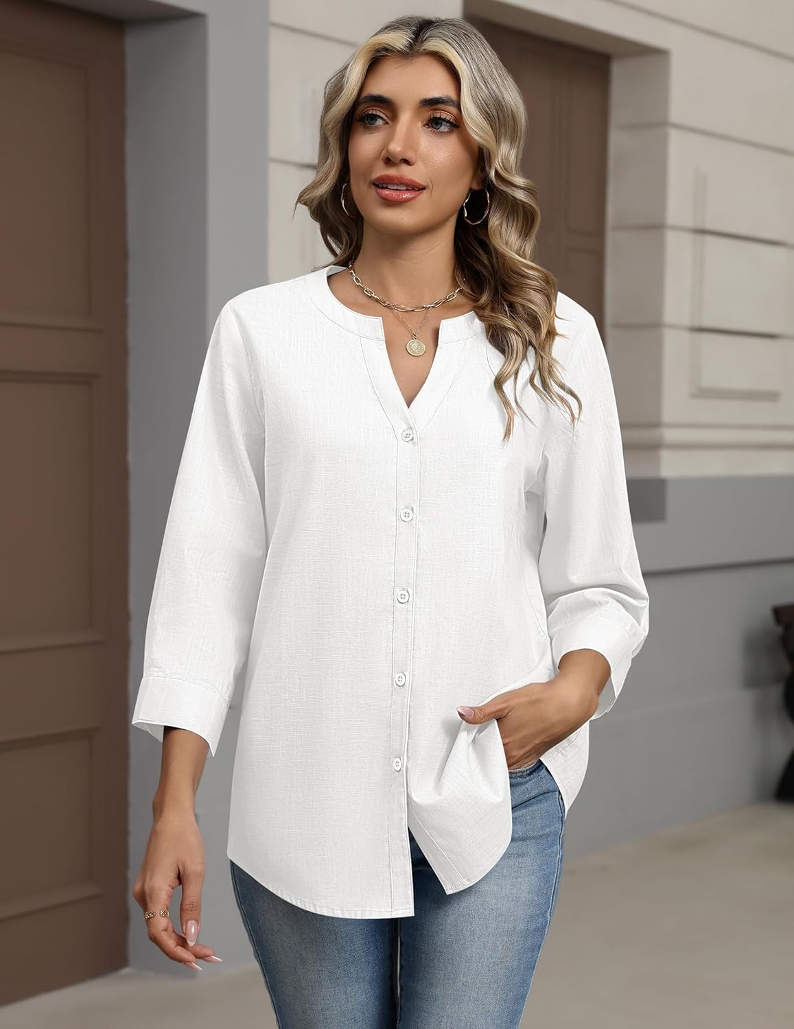 Thumbnail 2 de Zeagoo Button Down Linen-Cotton 3/4 Sleeve Tops for Women