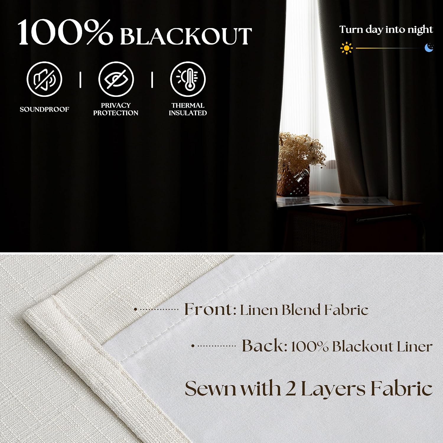 Thumbnail 3 de 90 Inch Pinch Pleated Blackout Linen Curtains – 50 Inch Wide, 2 Panels, Double Layer