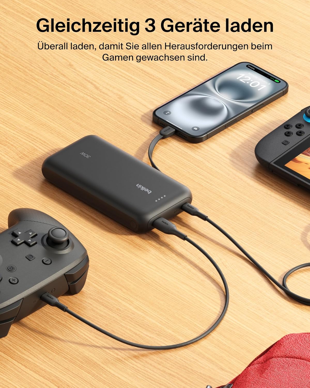 Thumbnail 3 de Belkin Gaming Powerbank 20.000 mAh mit integriertem USB‑C‑Kabel (30 W) – für Nintendo Switch 2 & Smartphones, Schwarz