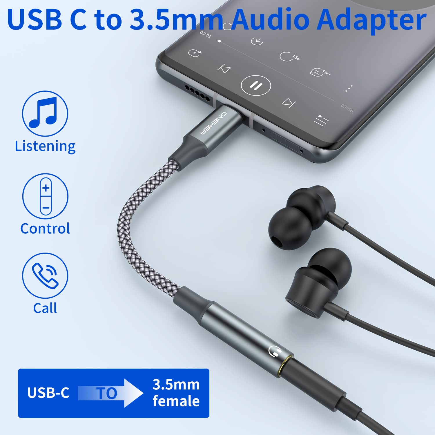 Detalle 2 de OneKer USB C to 3.5mm Adapter 2-Pack