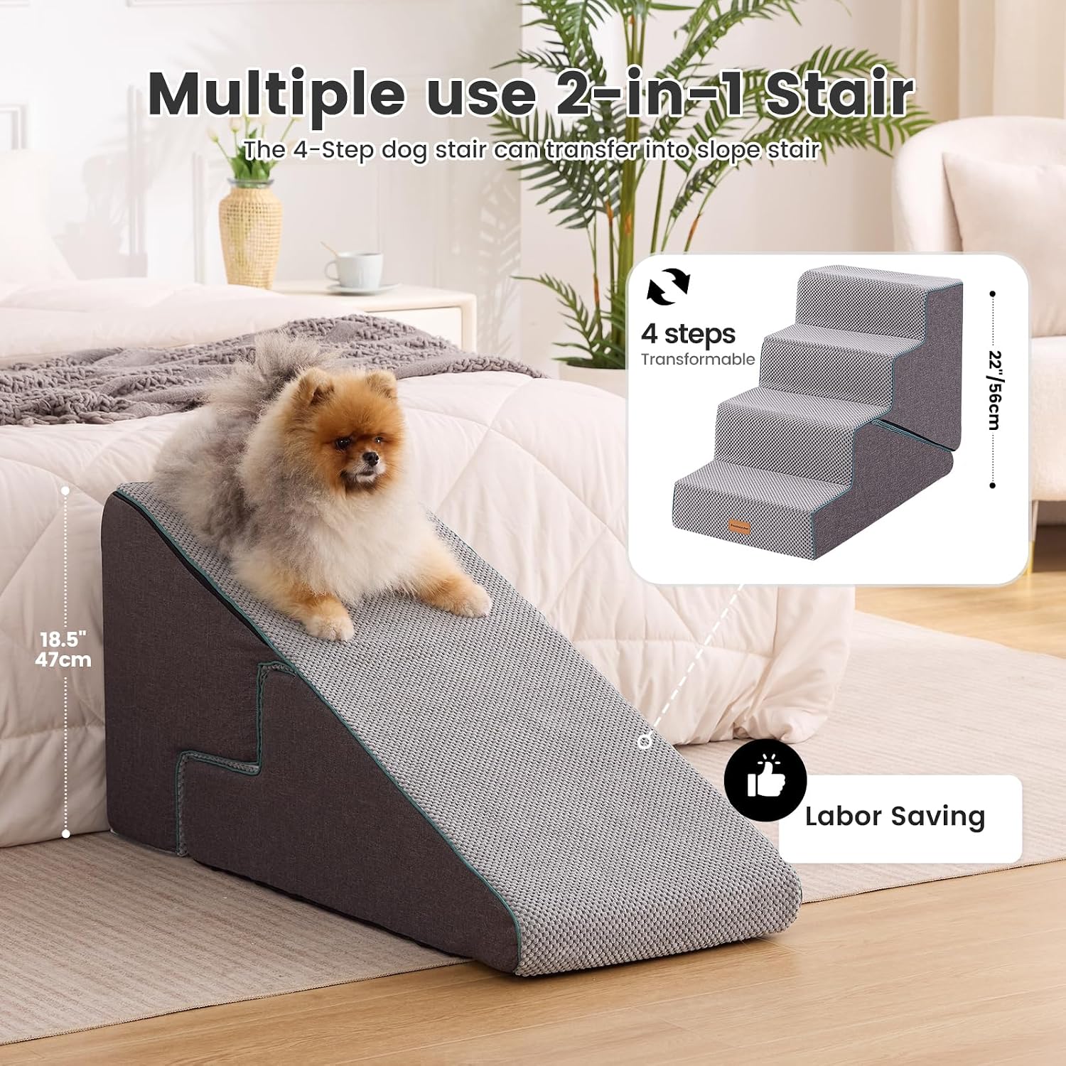 Detalle 2 de Gardner Pet 4-Step Adjustable Dog Steps for Bed 47–56cm High (Grey) – Waterproof, Non-Slip Ramp with 35D Foam