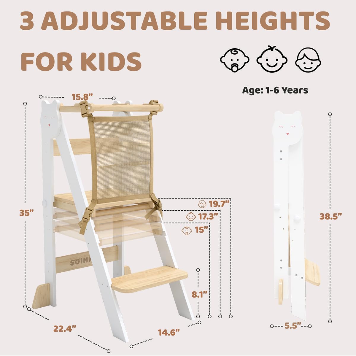 Detalle 2 de SOINMTY WJ03003-WT Wooden Toddler Tower, 3 Heights, Foldable, White