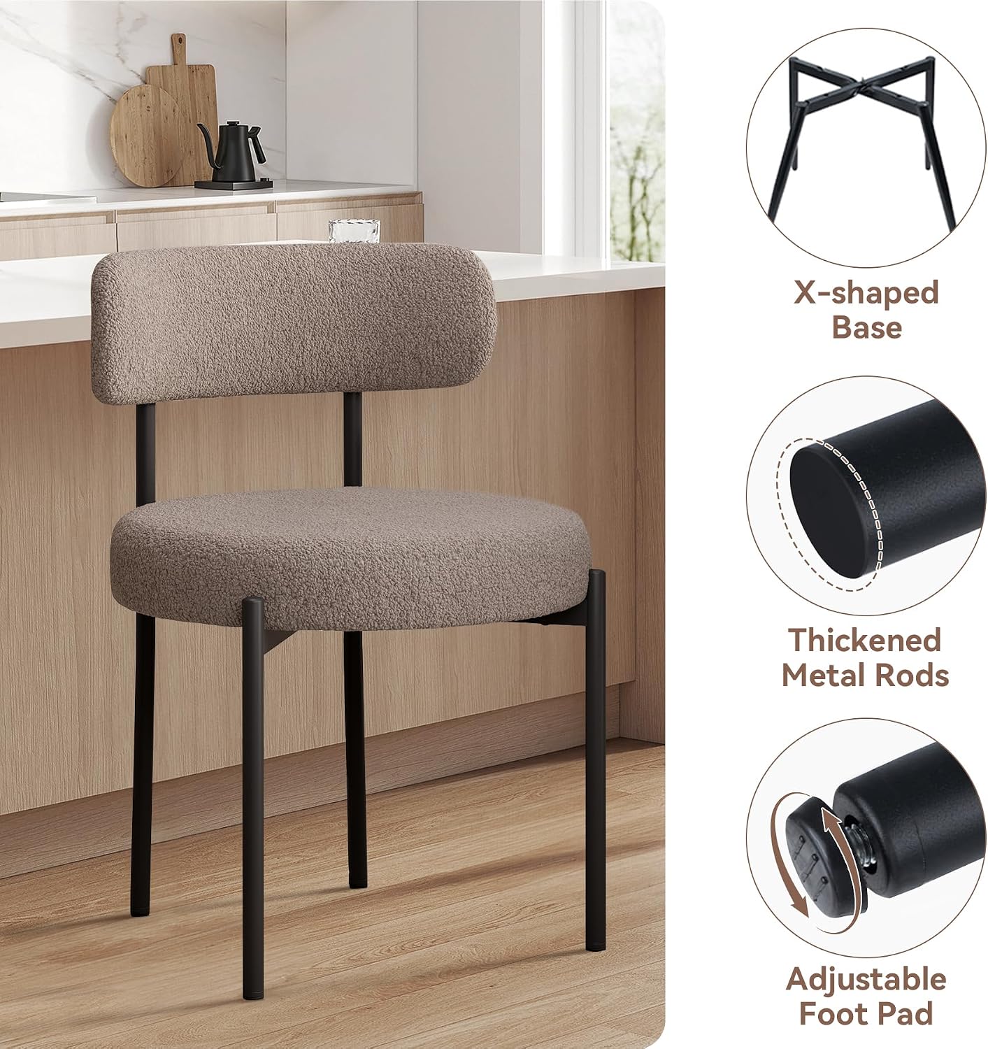 Detalle de Hawthyhome Esszimmerstühle im 4er-Set mit Bouclé-Optik, gepolstert & Metall-/Holzbeinen (grau-braun)