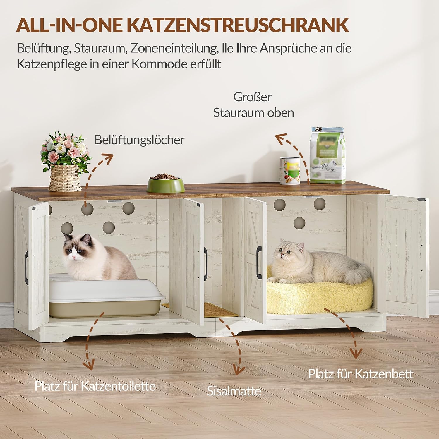 Thumbnail 6 de Fobyfurny Katzenklo Schrank für 2 Katzen – 140 x 50 x 55 cm, Braun & Weiß (FPCB103PWR1)