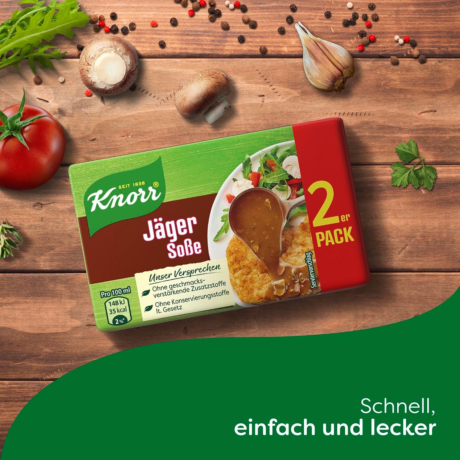 Detalle de Knorr Jäger Soße als braune Sauce ohne geschmacksverstärkende Zusatzstoffe, 2er Pack à 46 g (18 Portionen)
