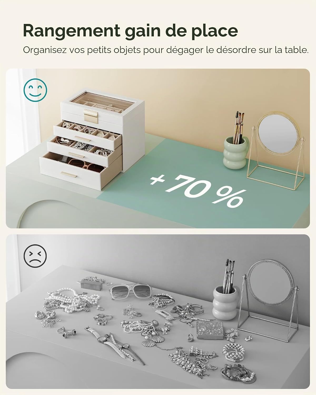 Detalle de SONGMICS GISELLA – boîte à bijoux et écrin à accessoires à 4 niveaux, couvercle en verre, 3 tiroirs