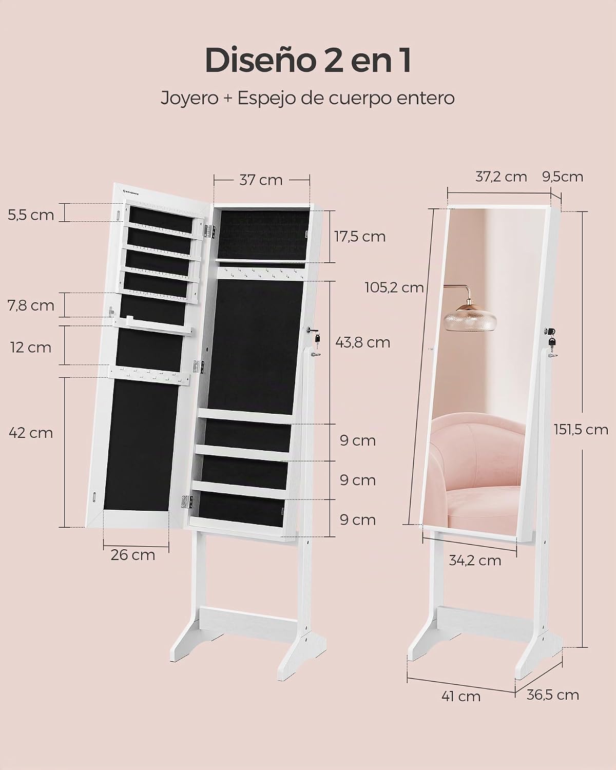 Detalle de SONGMICS Espejo Joyero JJC69WT: Armario bloqueable con espejo de cuerpo entero