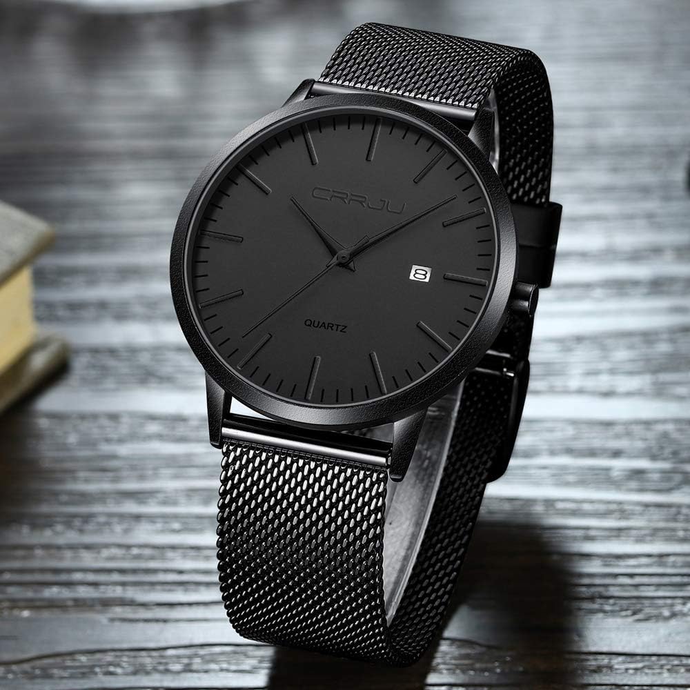 Detalle de CRRJU Herren-Uhr ultra dünn, wasserdicht mit schwarzem Edelstahl-Meshband – analog, Quarz